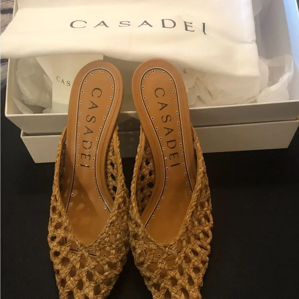 Casadei Versilia  woven faux leather upper pointed toe mules heels